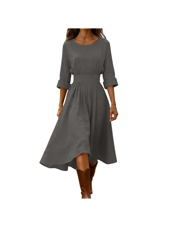 Dresses for Women Cotton Linen Solid Crew Neck 3/4 Sleeve Waist-Cinching Western Midi Dress Casual Lightweight Flowing A-Line Dress with Waist Pleats