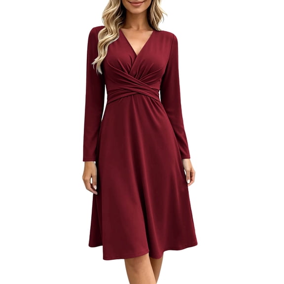 Alkepwun Dresses for Women surplice wrap V-neck and twisted ruched waist Long Sleeve Knee length A-line Dresses great for daily casual wear office and Vacation