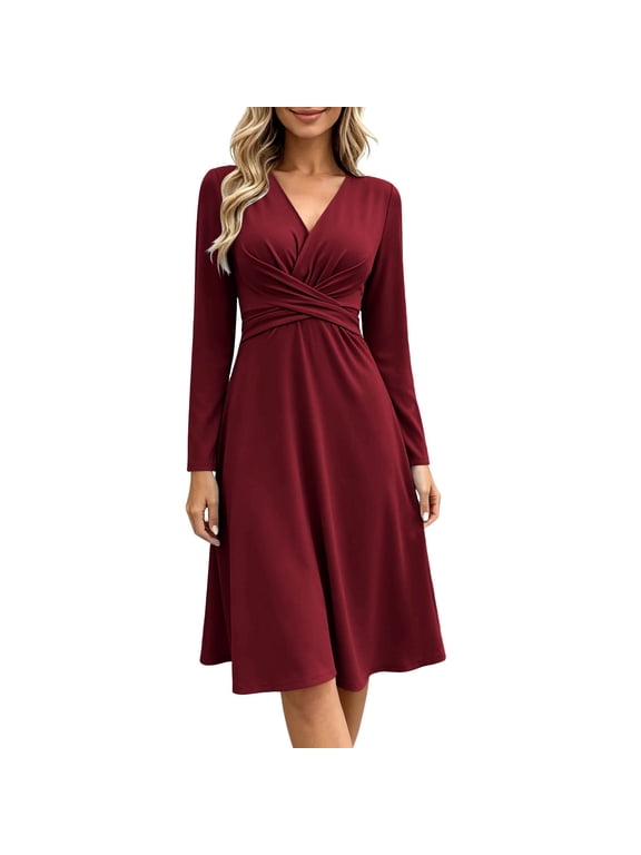Dresses for Women surplice wrap V-neck and twisted ruched waist Long Sleeve Knee length A-line Dresses great for daily casual wear office and Vacation