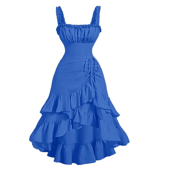 Alkepwun Dresses for Women Sleeveless Ruffled Vintage Court Strap Dress Solid Layered Ruched Asymmetrical Hem A-Line Dress Casual Plus Size Dress