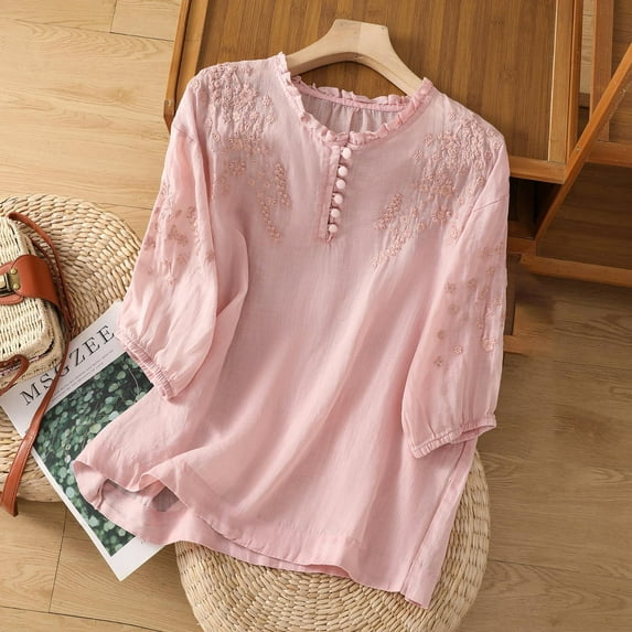 Alkepwun Embroidered Tops Women's Mexican Boho Peasant Casual Loose Tunics Button V Neck Short Sleeve Blouse Cotton Linen Shirts for Women