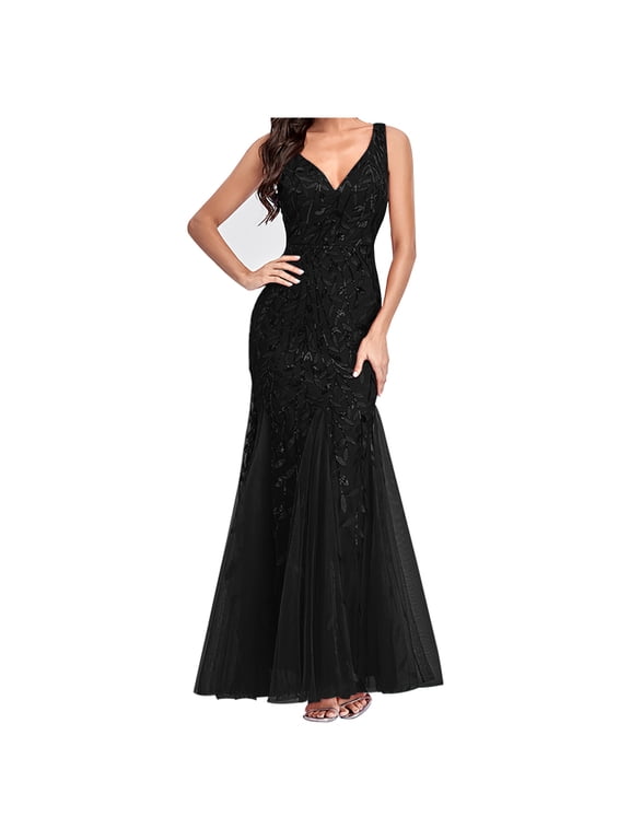 Evening Formal Dresses for Women Sleeveless V Neck Sequin Embroidery Mermaid Tulle Gowns Sexy Slim Backless Party Dress