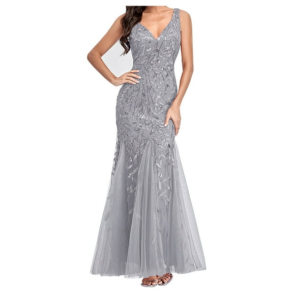 Alkepwun Evening Formal Dresses for Women Sleeveless V Neck Sequin Embroidery Mermaid Tulle Gowns Sexy Slim Backless Party Dress