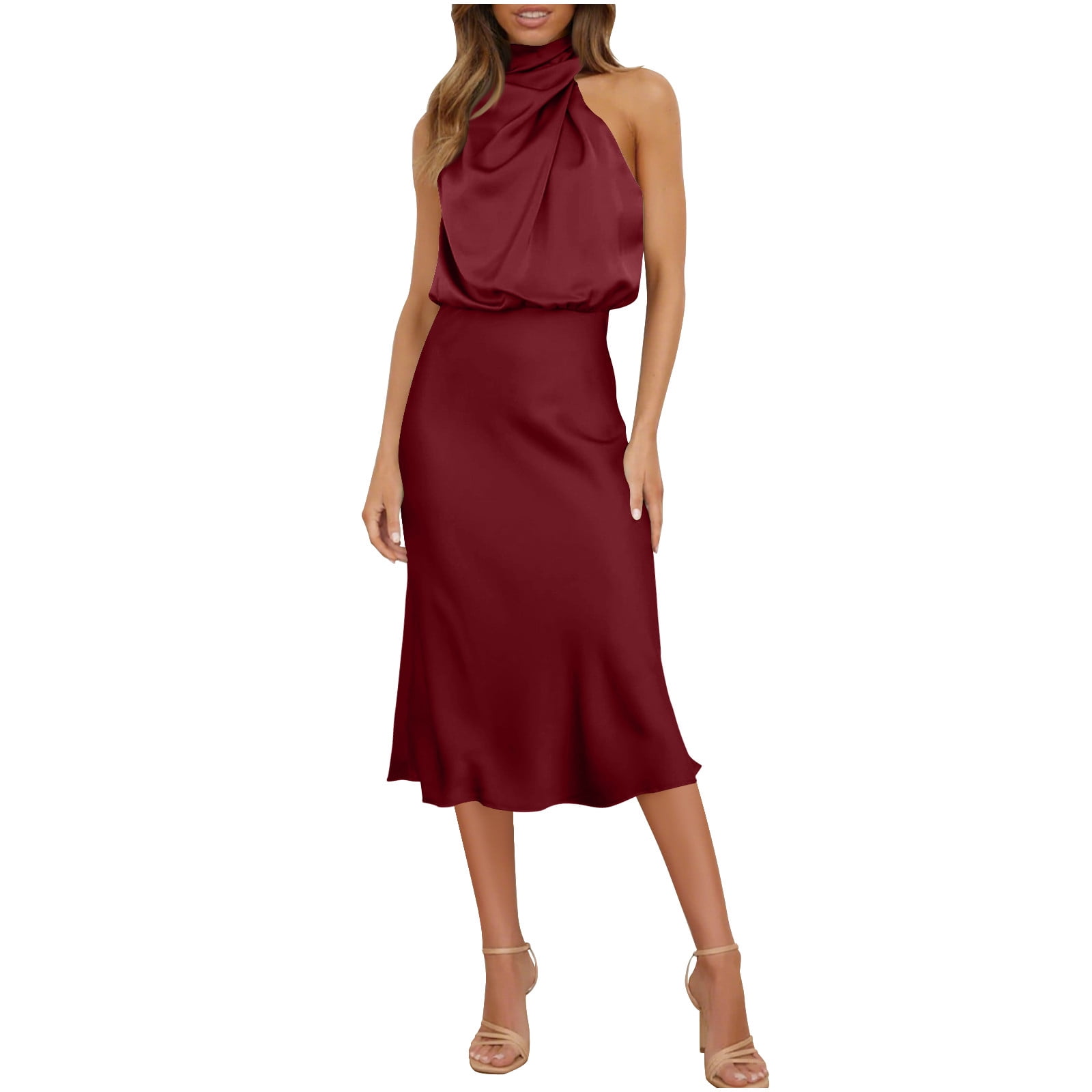 Alkepwun Evening Formal Dresses for Women Temperament Satin Sleeveless Dress Mock Neck Wedding Guest Socialite Lightweight Evening Dress, Women's,
