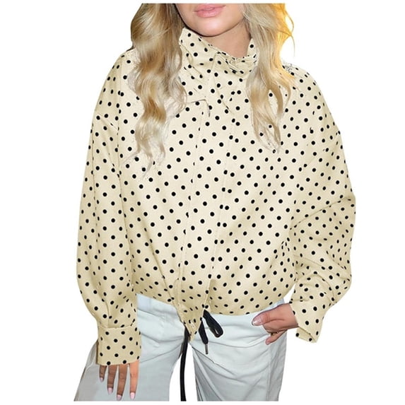 Alkepwun Fall Jackets Women Polka Dot Stand Collar Full-Zip Drawstring Hem Front Placket Jacket Long Sleeve Hoodless Lightweight Foldable Casual Outwear Outdoor Windproof Comfortable Loose-Fit Coat