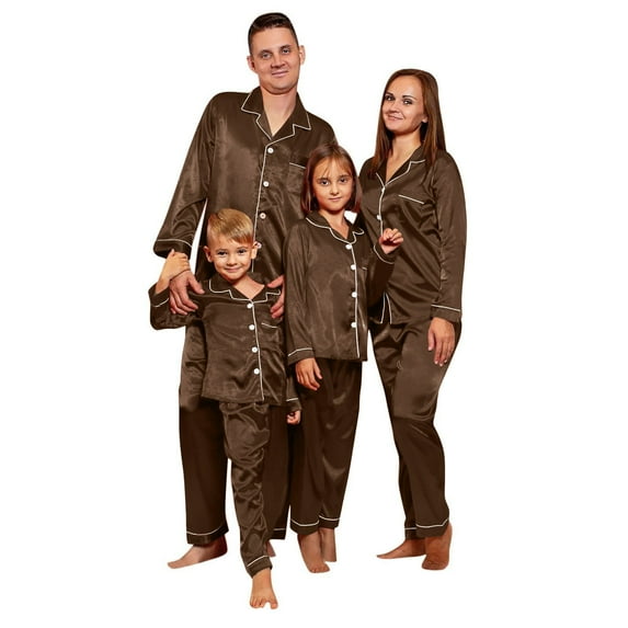 Alkepwun Family Matching Pajamas Solid Color Satin Comfortable Loungewear Classic Collared Long Sleeve Button Up Top Elastic Waistband Straight Leg Loose-Fit Pants Set Skin Friendly Nude-Feel Suit
