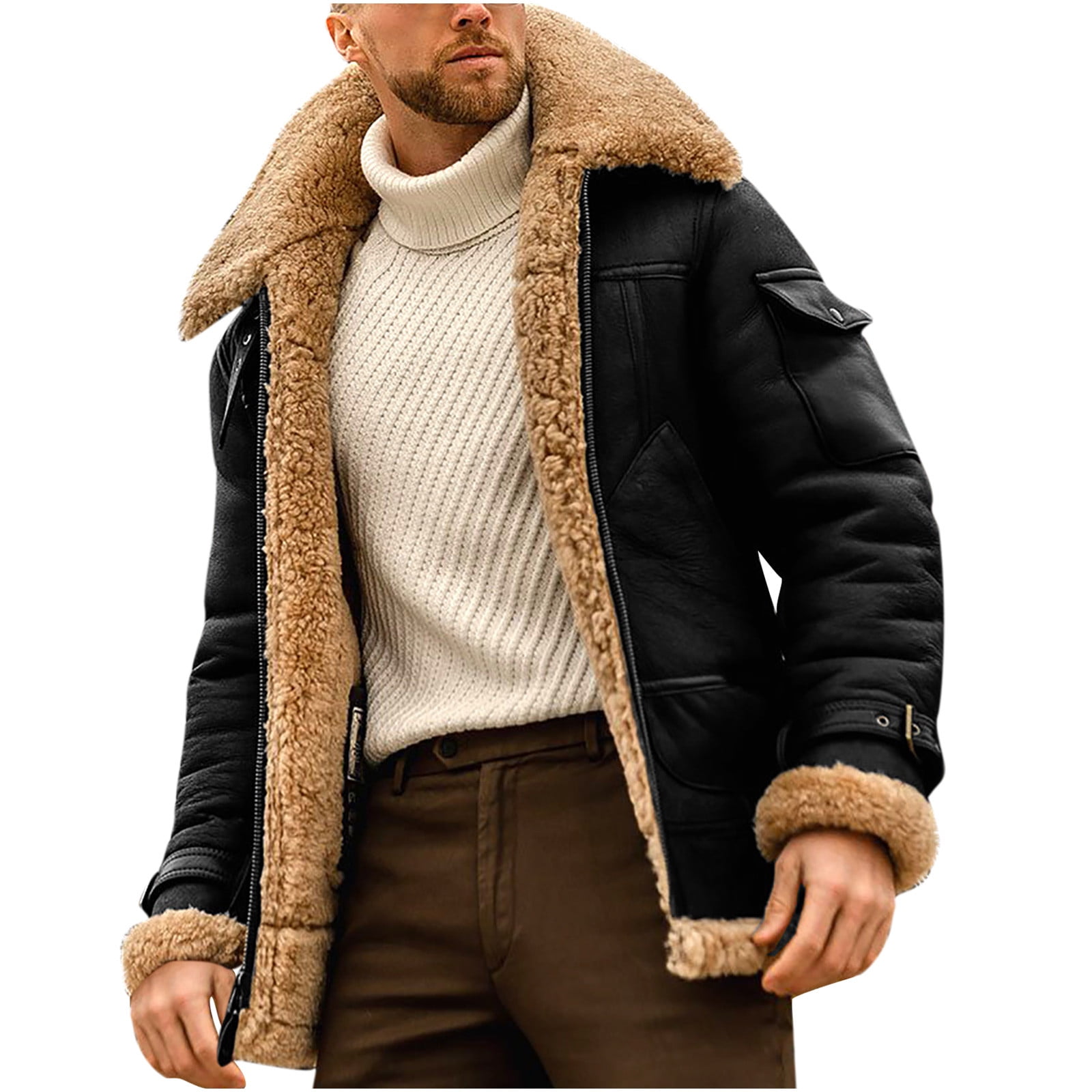 Alkepwun Faux Leather Jacket Thickened Shearling Lined Multi Pocket Warm Jacket for Men Fluffy Fleece Collar Winter Casual Windproof Coats Outdoor Skiing Cycling Vintage Motorcycle Outerwear