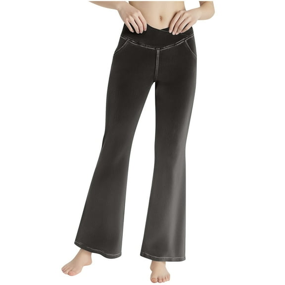 Alkepwun Flare Leggings Women's Solid Color Denim Look High Waisted Stretch Length Bell Yoga Pants Soft Breathable Pocket Fitness Pant