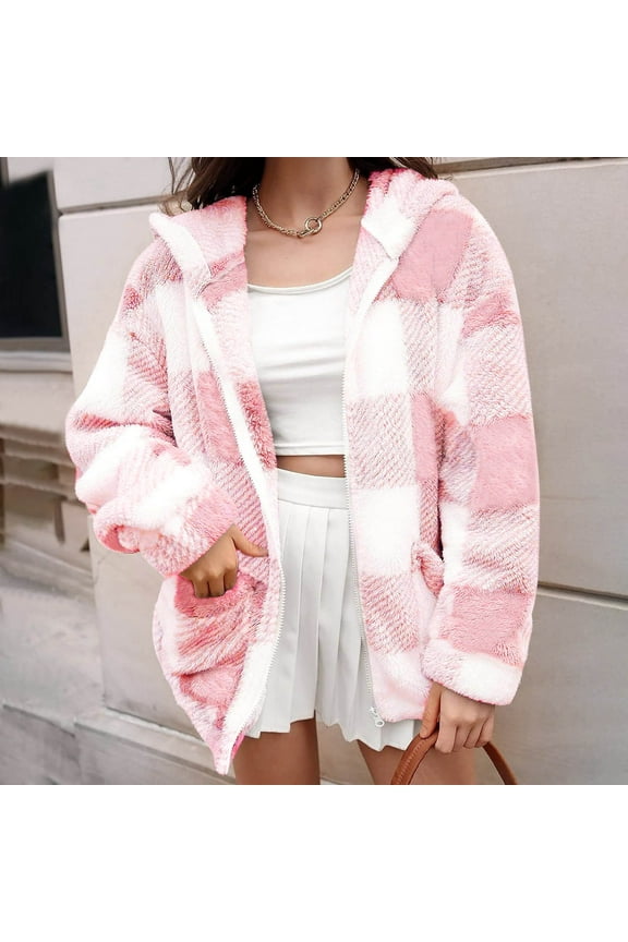 Fleece Jacket Women Fuzzy Plaid Pattern Long Sleeve Hooded Zip Up Jacket Coat Outwear with Front Pockets,S-5XL