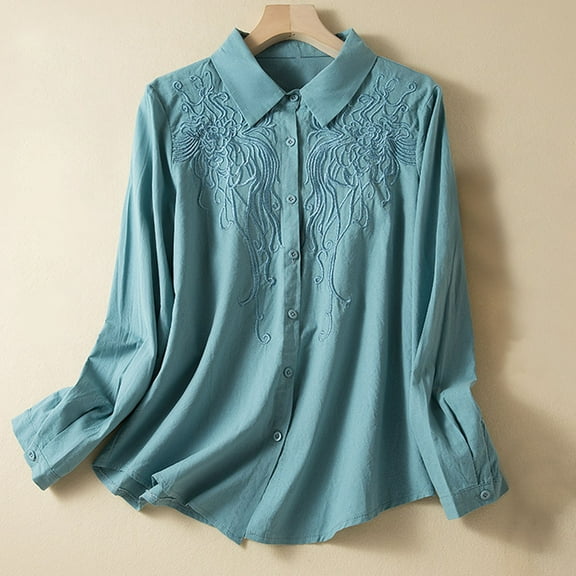 Alkepwun Floral Embroidered Button Down Shirt Women Cotton Linen Shirts Slim Fit Blouse Long Sleeve Casual Collared Work Blouse Tops