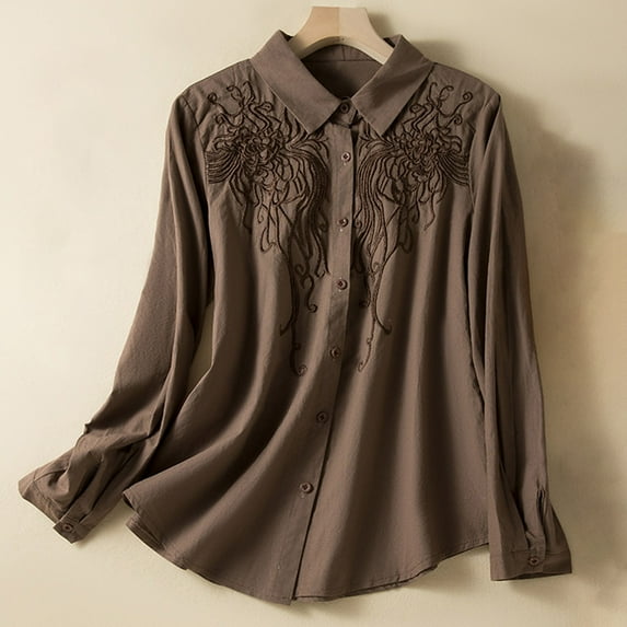 Alkepwun Floral Embroidered Button Down Shirt Women Cotton Linen Shirts Slim Fit Blouse Long Sleeve Casual Collared Work Blouse Tops