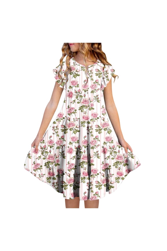 Flower Girl Dress Ages 4-15 Summer Ruffled Short Sleeve Round Neck Floral Print Waist Defining Pocket Tiered Dress Casual Looses Boho Swing Midi Dresses