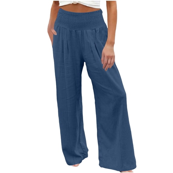 Alkepwun Flowy Pants for Women Cotton Linen Smocked Elastic High Waist Wide Leg Pant with Pockets Summer Casual Loose Beach Vacations Trousers