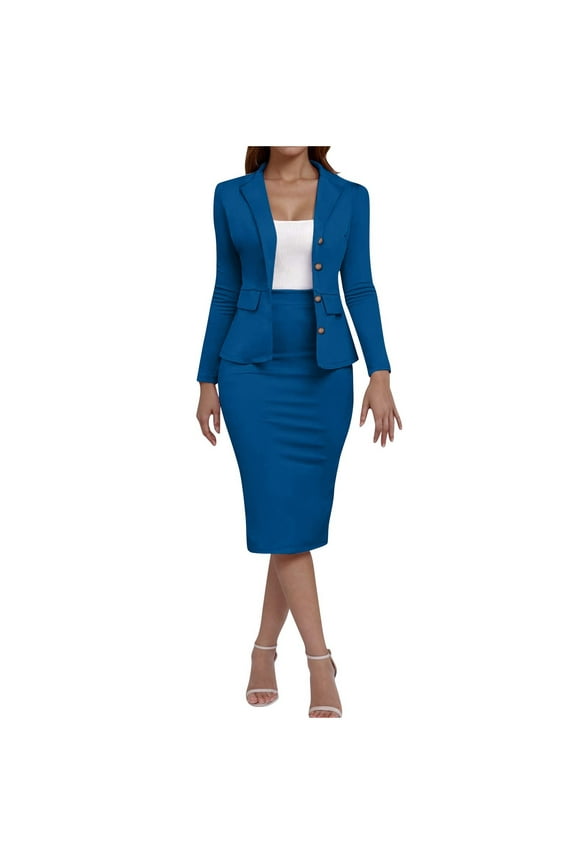 Formal Dresses for Women Solid Color Business Suit Long Sleeve Casual Collared Lightweight Office Blazer and Breathable Mid-Length Pencil Skirt