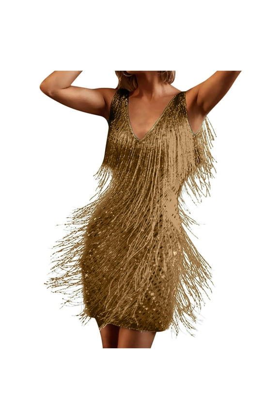 Fringe Dress Women Sexy Deep V Neck Tank Mini Flapper Dress Sleeveless Backless Skinny Cocktail Party Dress