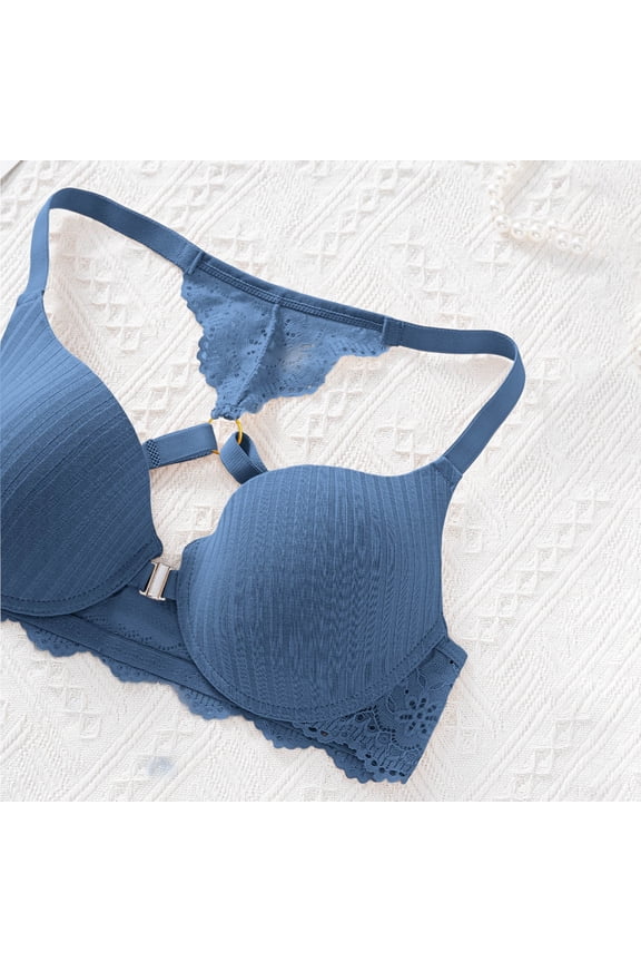 Front Closure Bra Women's Solid Wire-Free Full Coverage Lace Criss-Cross Back Bra Plus Size Push-Up Side Support Breathable Adjustable Straps T Shirt Smooth Bralette