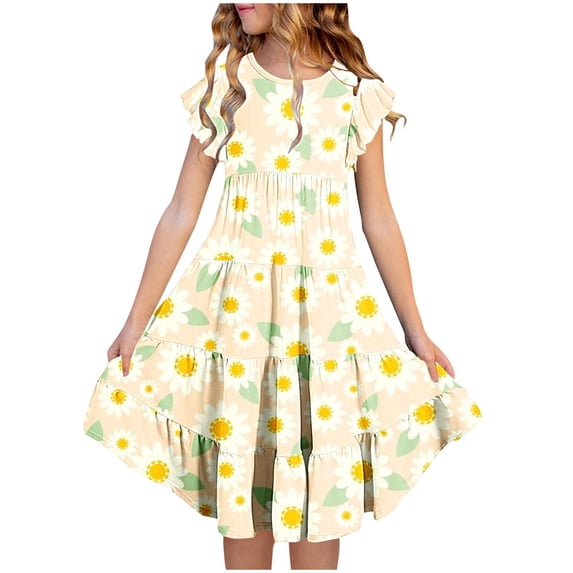 Alkepwun Girls' Dresses Ruffle Sleeve Pleated Casual Swing Boho Floral Print Dresses Round Neck Layered A Line Party Vacation Maxi Dress 6 months-15 years