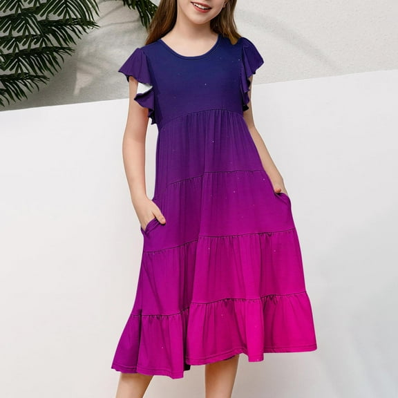 Alkepwun Girls Ruffle Sleeve Sundress Kids Summer Crewneck A Line Casual Dress Ombre Tiered Swing Midi Dress with Pockets 6-14 Years