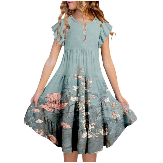 Alkepwun Girls Sundress Casual Ruffle Sleeve Tiered Swing Midi Dress with Pocket Boho Floral Spring Summer Dresses for Kids 6-14Y