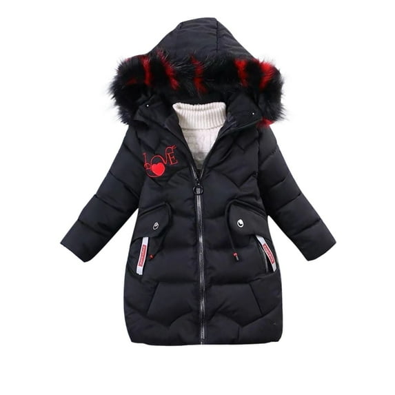 Alkepwun Girls Winter Coat Solid Color Detachable Hood with Fur Collar LOVE Print Down Jacket Thicken Warm Waist Drawstring Windproof Coat Casual Comfortable Zip Pockets Middle Versatile Padded Coat