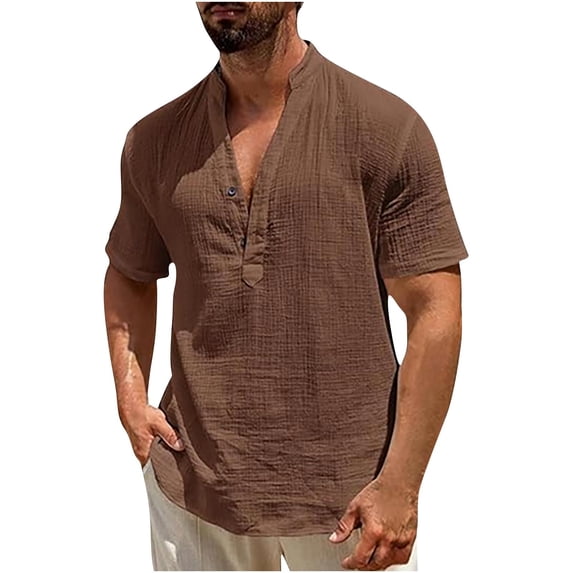 Alkepwun Going Out Top Men's Vintage Solid V Neck Button Short Sleeve Beach Shirts Casual Plus Size Lightweight Breathable Office Work Summer Tops