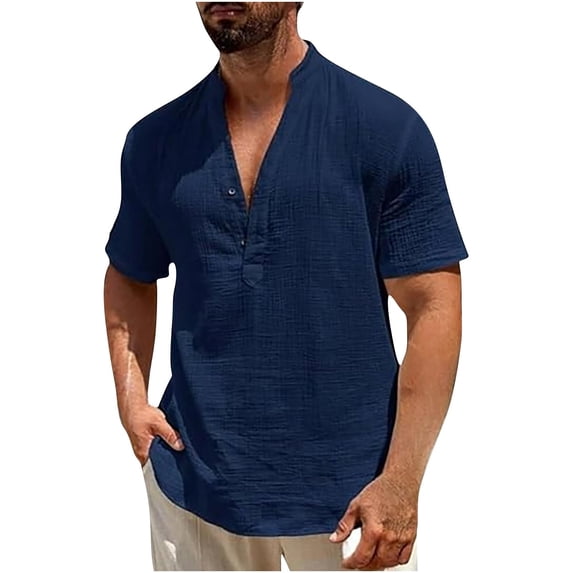 Alkepwun Going Out Top Men's Vintage Solid V Neck Button Short Sleeve Beach Shirts Casual Plus Size Lightweight Breathable Office Work Summer Tops