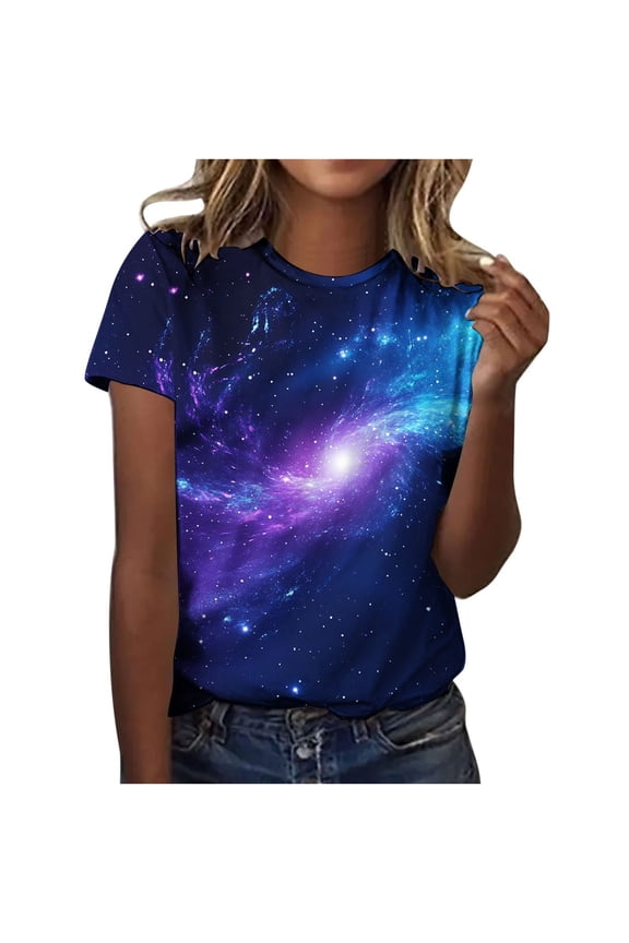 Going Out Tops Women's Casual Galaxy Stars Print Short Sleeve Crew Neck Shirt Lightweight Comfort Breathable Slim Fit Pullover Top