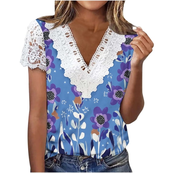 Alkepwun Going Out Tops for Women Lace V Neck Floral Print Short Sleeves Pullover Top Loose Casual Comfy Lightweight Breathable Tee Shirt