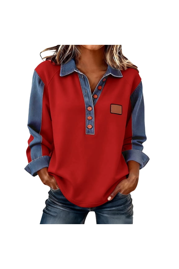 Going out Tops for Women Casual Collared Half Button Denim Patchwork Pullover Sweatshirt Loose Fit Cozy Vintage Western Long Sleeve Top