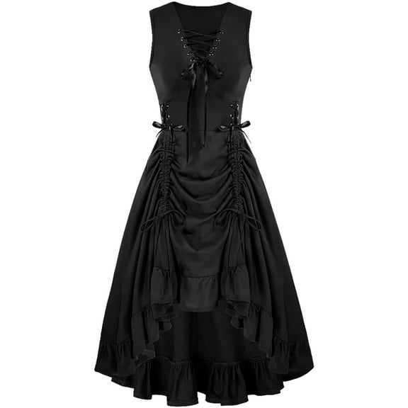 Alkepwun Gothic Dresses for Women Sleeveless V Neck Punk Dress with Corset Irregular Hem Ruffle Trim Tiered Midi Gown