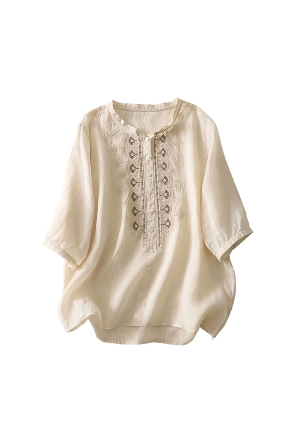 Half Sleeve Tops for Women Solid Color Embroidered Button Up Casual Cotton Linen Top Lightweight Breathable Loose Crew Neck Boho Vintage Blouse