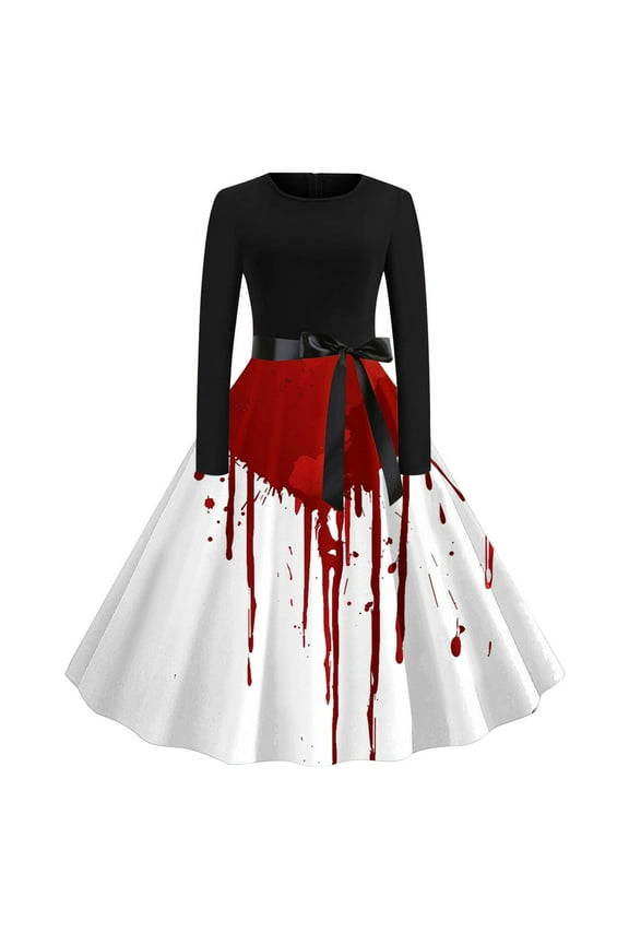 Halloween Dresses for Women Novalty Bloody Haloowen Costume for Women 1950s Vintage Long Sleeve Midi Swing Dress with Belt