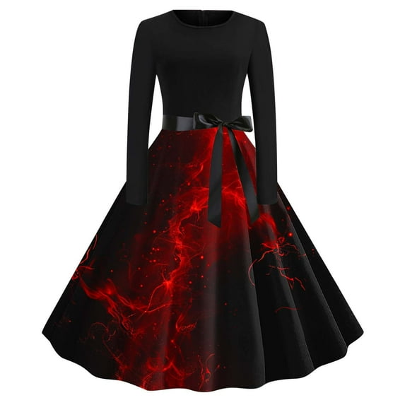 Alkepwun Halloween Dresses for Women Novalty Bloody Haloowen Costume for Women 1950s Vintage Long Sleeve Midi Swing Dress with Belt