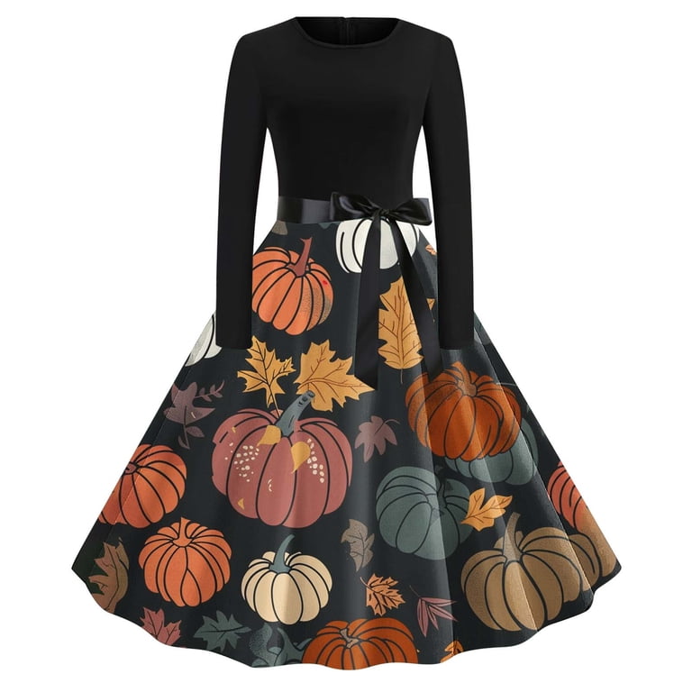 Alkepwun Halloween Dresses for Women Pumpkin Costume Long Sleeve Printed  Dress Vintage Style A-Line Party Dresses with Belt - Walmart.com