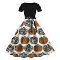 thumbnail image 1 of Alkepwun Halloween Dresses for Women Pumpkin Print Short Sleeve Midi Dress Halloween Costumes Vintage A Line Swing Party Dress with Belt, 1 of 3