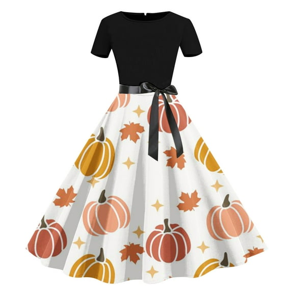 Alkepwun Halloween Dresses for Women Pumpkin Print Short Sleeve Midi Dress Halloween Costumes Vintage A Line Swing Party Dress with Belt