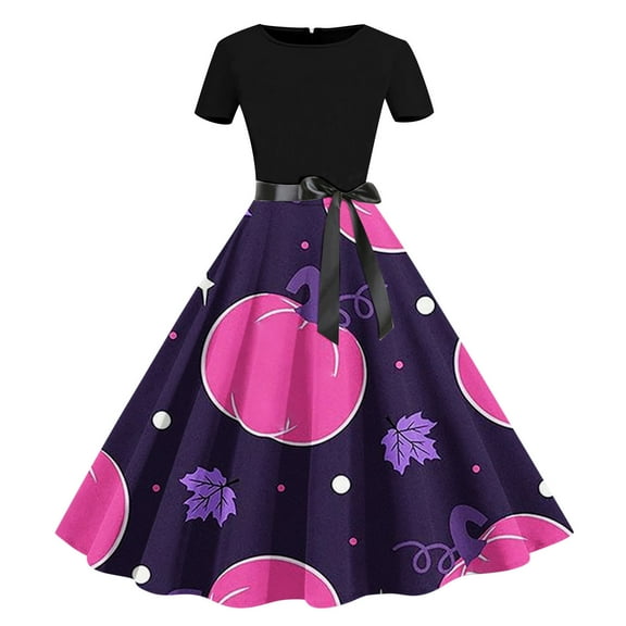Alkepwun Halloween Dresses for Women Short Sleeve Swing Midi Dresses Vintage Pumpkin Print Dress A Line Party Dress