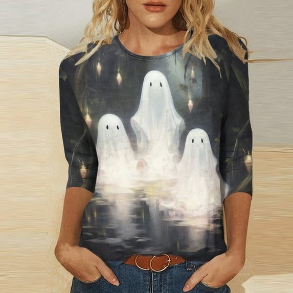 Alkepwun Halloween Ghost Shirts for Women 3/4 Sleeve Tops Horror Movie T-Shirt Tops Spooky Flowy Ghost Graphic Tee Shirt Crewneck Halloween Season Tops
