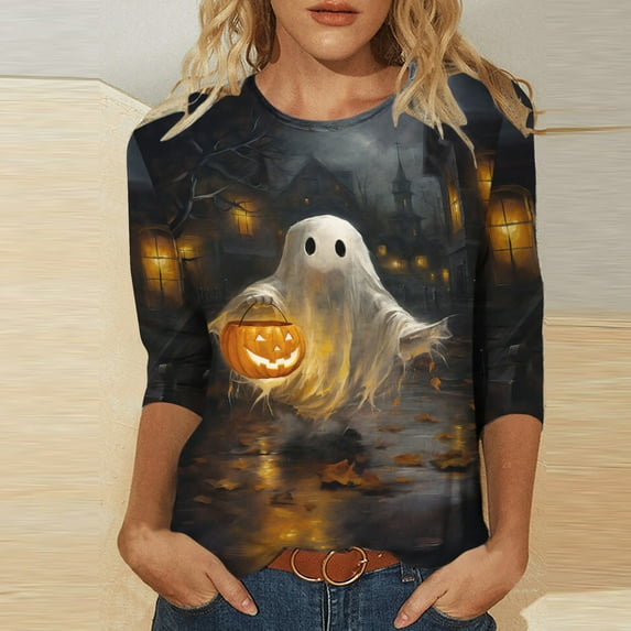Alkepwun Halloween Ghost Shirts for Women 3/4 Sleeve Tops Horror Movie T-Shirt Tops Spooky Flowy Ghost Graphic Tee Shirt Crewneck Halloween Season Tops