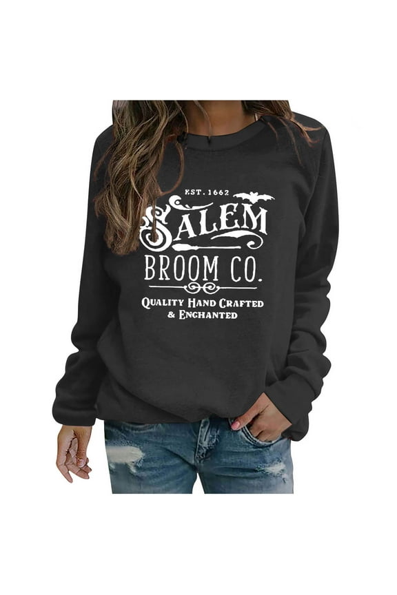 Halloween Sweatshirts for Women Salem 1692 Broom Co. Shirt Fleece Lined Halloween Witch Sweaters Crewneck Holiday Pullover Long Sleeve Tops