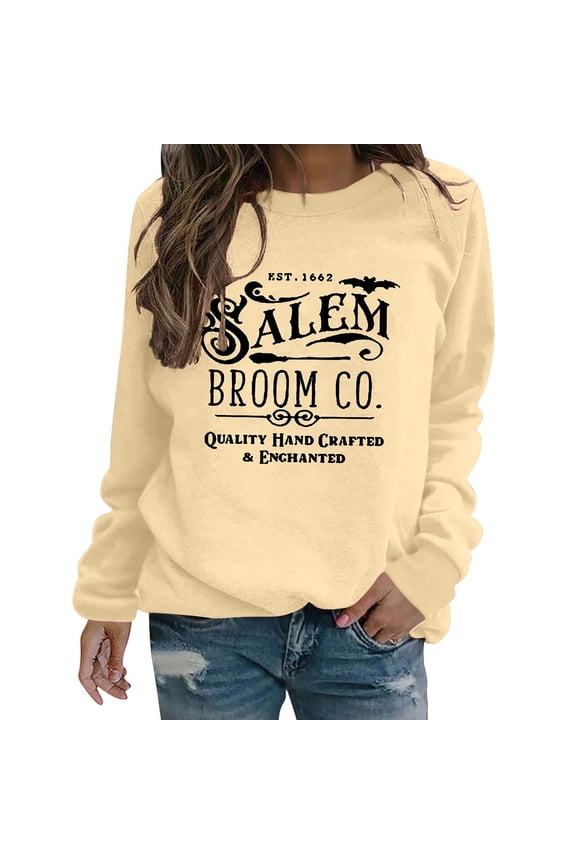 Halloween Sweatshirts for Women Salem 1692 Broom Co. Shirt Fleece Lined Halloween Witch Sweaters Crewneck Holiday Pullover Long Sleeve Tops