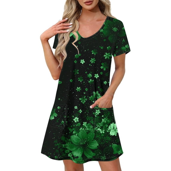 Alkepwun Holiday Dresses for Women Casual V Neck Short Sleeve Floral Boho Flowy Mini Dresses Loose Lightweight Breathable Beach Vacation Pockets Sundress