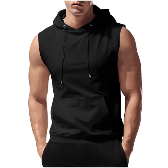 Alkepwun Hoodies for Men Casual Breathable Sleeveless Drawstring Bodybuilding Athletic Muscle Tank Tops with Pockets Solid Slim Moisture-Wicking Workout Gym Lightweight T-Shirt