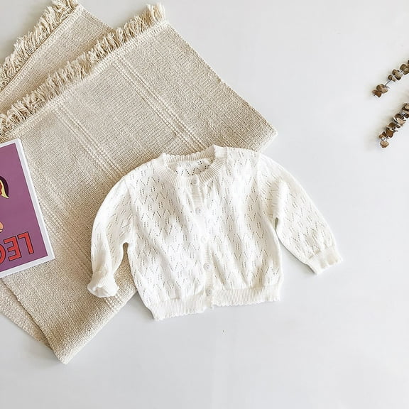 Alkepwun Infant Baby Girl's Crochet Long Sleeve Button Down Cardigan Toddler Summer Lightweight Soft Cotton Cardigans Hollow Knit Shrug Cover Up Tops 6M-4Y