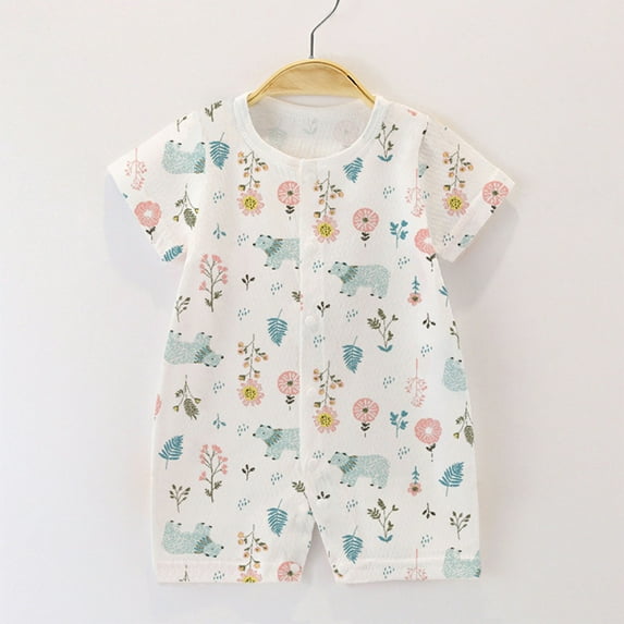 Alkepwun Infant Baby Girls Clothes Summer Short Sleeve Jumpsuit Snap Up Floral Romper Newborn Animal Print Bodysuit Baby Boy Shorts Romper Outfits for 0-18M
