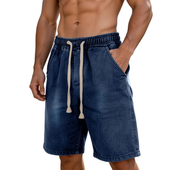 Alkepwun Jean Shorts Men's Elastic Waist Drawstring Washed Denim Shorts with Pockets Summer Casual Breathable Loose Straight-Leg Plus Sizes Short