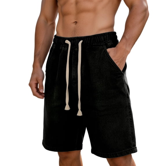 Alkepwun Jean Shorts Men's Elastic Waist Drawstring Washed Denim Shorts with Pockets Summer Casual Breathable Loose Straight-Leg Plus Sizes Short