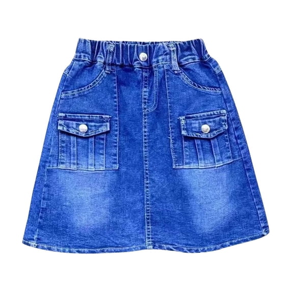 Alkepwun Jean Skirt Girls Elastic High Waist Vintage Cargo Pockets A-Line Denim Skirt Solid Color Casual Y2K Mini Short Skirt 2-9 Years