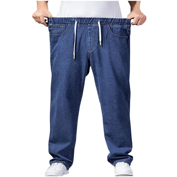 Alkepwun Jeans for Men Elastic Waist Straight Leg Business Pants with Drawstring Oversized Plus Size Slightly Stretch Windproof Pockets Formal Long Trousers Casual Comfortable Street Style Pant