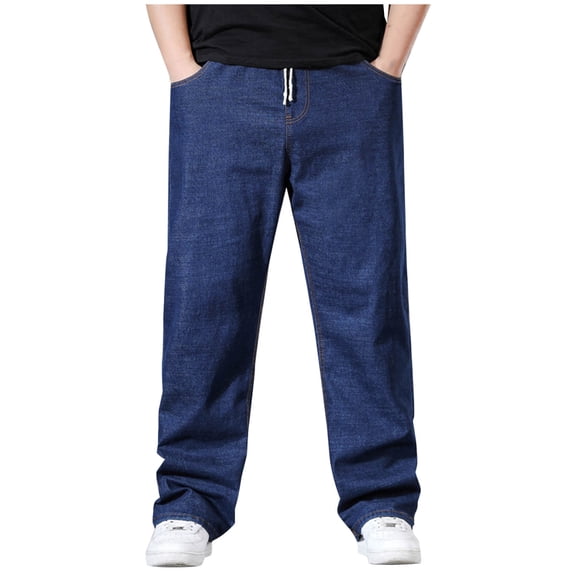 Alkepwun Jeans for Men Elastic Waist Straight Leg Business Pants with Drawstring Oversized Plus Size Slightly Stretch Windproof Pockets Formal Long Trousers Casual Comfortable Street Style Pant